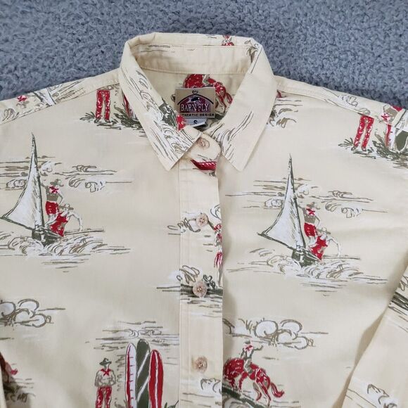 VINTAGE Barn Fly Shirt Mens Small Yellow Hawaiian AOP‎ Windsurfing USA Cotton LS - Picture 3 of 10